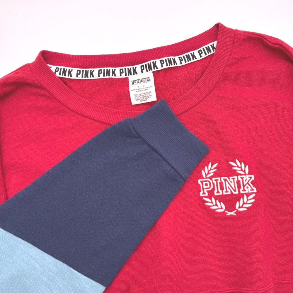 PINK Victoria's Secret Love Red Colorblock Pullover Sweatshirt Large Collegiate‎